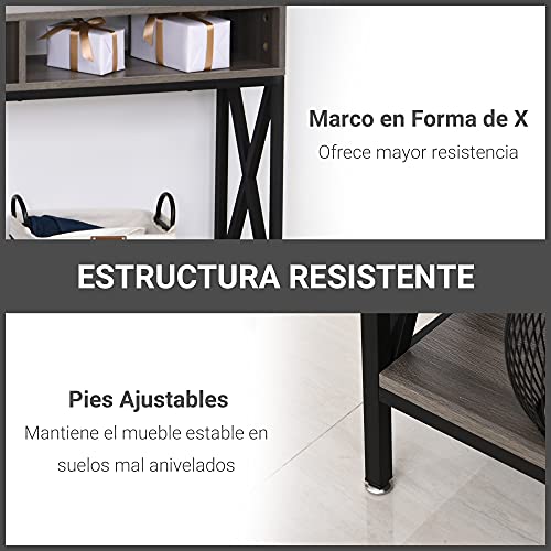 HOMCOM Mueble Recibidor Mesa Consola Estilo Industrial Vintage con 3 Estantes y Marco Metálico para Entrada Pasillo Salón 120x23,5x75 cm Gris y Negro
