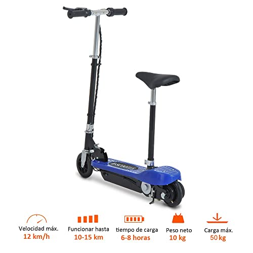 HOMCOM Patinete Eléctrico para Niño Scooter Plegable E-Scooter Batería 120W Manillar Ajustable Freno Pie de Apoyo 78x37x99cm Azul