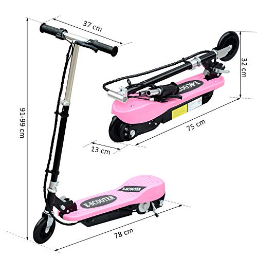 HOMCOM Patinete Eléctrico Plegable para Niños y Adolescentes de +7 Años Scooter Eléctrico con Manillar Ajustable en Altura y Frenos Carga Máx. 50 kg 78x37x91-99 cm Rosa