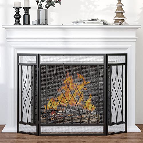 HOMCOM Salvachispas Plegable Pantalla Protectora de Chimenea 3 Paneles con Bisagras y Estructura de Metal Decorativa 126x3x80 cm Negro