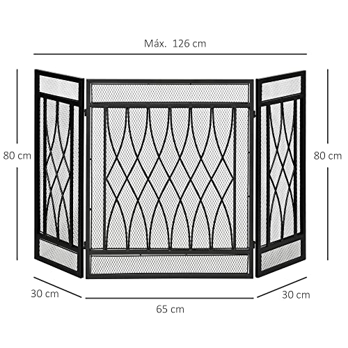 HOMCOM Salvachispas Plegable Pantalla Protectora de Chimenea 3 Paneles con Bisagras y Estructura de Metal Decorativa 126x3x80 cm Negro