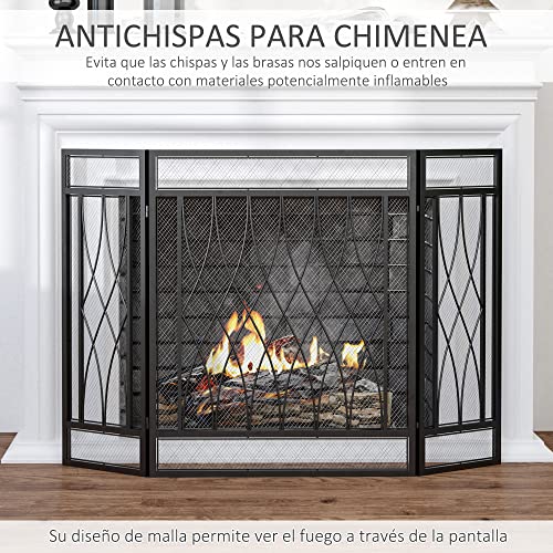HOMCOM Salvachispas Plegable Pantalla Protectora de Chimenea 3 Paneles con Bisagras y Estructura de Metal Decorativa 126x3x80 cm Negro