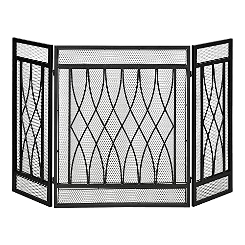 HOMCOM Salvachispas Plegable Pantalla Protectora de Chimenea 3 Paneles con Bisagras y Estructura de Metal Decorativa 126x3x80 cm Negro