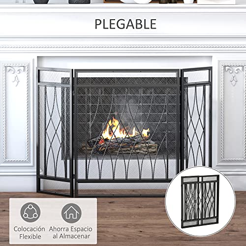 HOMCOM Salvachispas Plegable Pantalla Protectora de Chimenea 3 Paneles con Bisagras y Estructura de Metal Decorativa 126x3x80 cm Negro