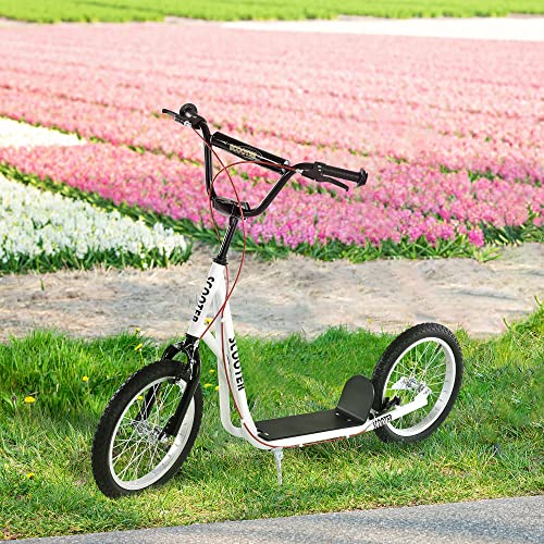 HOMCOM Scooter Patinete para Niños Mayores de 5 Años con Manillar Ajustable en Altura 2 Neumáticos de Caucho Inflable con Doble Freno Carga 100 kg 139x58x90-96 cm Blanco