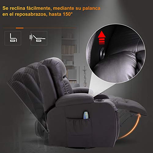 HOMCOM Sillón de Masaje Reclinable hasta 150° Silla para Relajación con 8 Puntos de Masaje Vibrante Función de Calefacción Lumbar Mando a Distancia 85x94x104 cm Negro