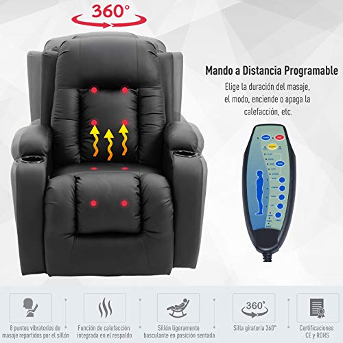 HOMCOM Sillón de Masaje Reclinable hasta 150° Silla para Relajación con 8 Puntos de Masaje Vibrante Función de Calefacción Lumbar Mando a Distancia 85x94x104 cm Negro
