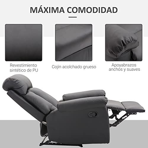 HOMCOM Sillón Relax Reclinable Tapizado en PU Butaca de Salón con Reposapiés Retráctil Respaldo Alto Resposabrazos y Asiento Acolchados Grueso 80x97x107 cm Negro