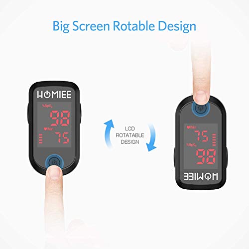 HOMIEE Oxímetro de Pulso, Pulsioxímetro de Dedo Profesional, Medidor de Oxígeno en Sangre SpO2 y Monitor de Frecuencia Cardíaca para Uso Deportivo, Adultos y Niños (LCD Negro)