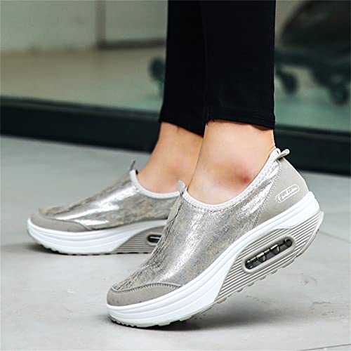 HOTRA Zapatillas Ortopédicas Mocasines Botas de Mujer Cuña de Plataforma Zapatos para Caminar Cuero Espuma de Memoria Ponerse Zapatillas Casual (Color : Silver 1, Size : 41 EU)