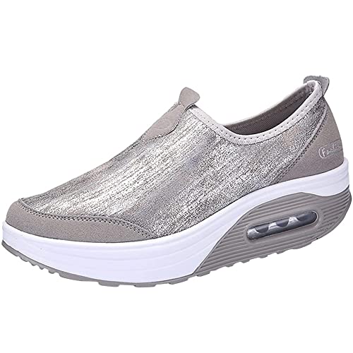 HOTRA Zapatillas Ortopédicas Mocasines Botas de Mujer Cuña de Plataforma Zapatos para Caminar Cuero Espuma de Memoria Ponerse Zapatillas Casual (Color : Silver 1, Size : 41 EU)