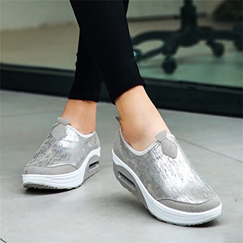 HOTRA Zapatillas Ortopédicas Mocasines Botas de Mujer Cuña de Plataforma Zapatos para Caminar Cuero Espuma de Memoria Ponerse Zapatillas Casual (Color : Silver 1, Size : 41 EU)