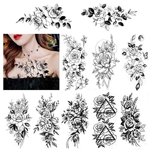 HOWAF 10 hojas de tatuajes de flores peonía rosas tatuajes temporales adultos mujeres impermeable negro tatuaje flor niñas dama tatuajes falsos brazo Tatuajes adhesivos sexy hombro pecho
