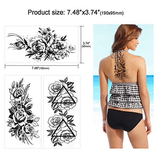 HOWAF 10 hojas de tatuajes de flores peonía rosas tatuajes temporales adultos mujeres impermeable negro tatuaje flor niñas dama tatuajes falsos brazo Tatuajes adhesivos sexy hombro pecho