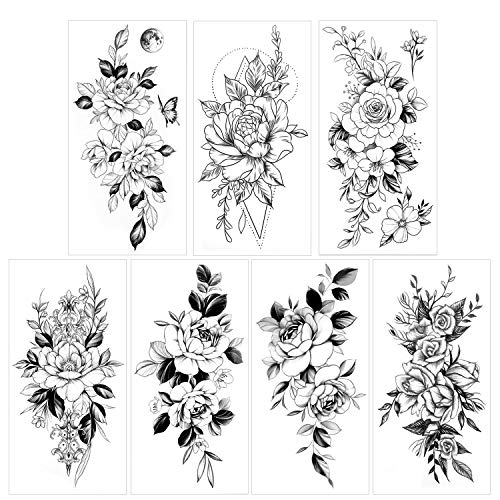 HOWAF 10 hojas de tatuajes de flores peonía rosas tatuajes temporales adultos mujeres impermeable negro tatuaje flor niñas dama tatuajes falsos brazo Tatuajes adhesivos sexy hombro pecho