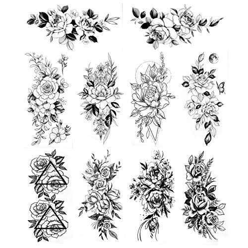 HOWAF 10 hojas de tatuajes de flores peonía rosas tatuajes temporales adultos mujeres impermeable negro tatuaje flor niñas dama tatuajes falsos brazo Tatuajes adhesivos sexy hombro pecho