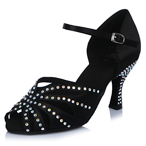 HROYL Zapatos de Baile para Mujeres y Niñas Latino de Diamantes de imitación Señoras Salsa Latina Tango Zapatos de Boda de satén,ESAF43503,Negro,40EU