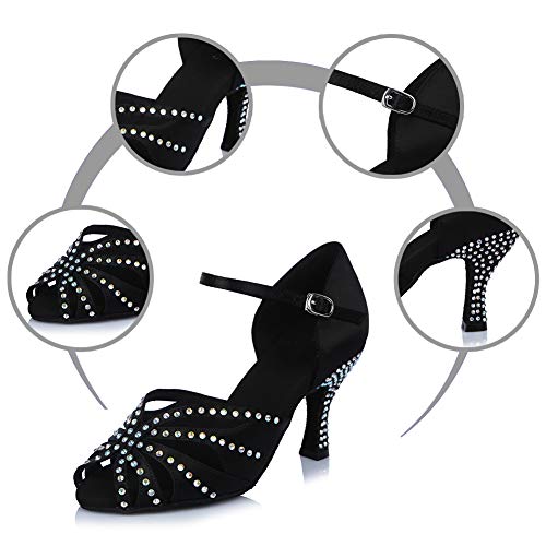 HROYL Zapatos de Baile para Mujeres y Niñas Latino de Diamantes de imitación Señoras Salsa Latina Tango Zapatos de Boda de satén,ESAF43503,Negro,40EU