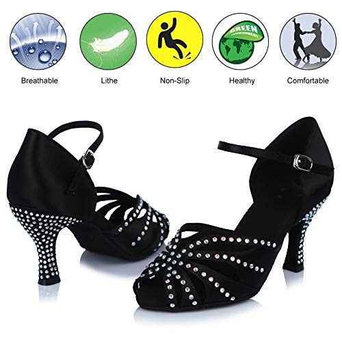 HROYL Zapatos de Baile para Mujeres y Niñas Latino de Diamantes de imitación Señoras Salsa Latina Tango Zapatos de Boda de satén,ESAF43503,Negro,40EU