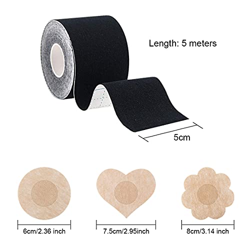 HSAJS 2 Rouleau de Poitrine et 15 Paires de Cache-tétons, Boob Tapeet, Soutien Gorge adhesif Breast Lift Tape pour A-E Cup, Ruban de Levage de Poitrine Respirant Bricolage (Negro + Caqui)