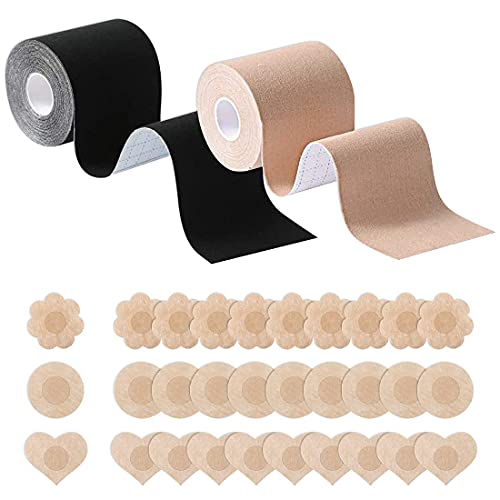HSAJS 2 Rouleau de Poitrine et 15 Paires de Cache-tétons, Boob Tapeet, Soutien Gorge adhesif Breast Lift Tape pour A-E Cup, Ruban de Levage de Poitrine Respirant Bricolage (Negro + Caqui)