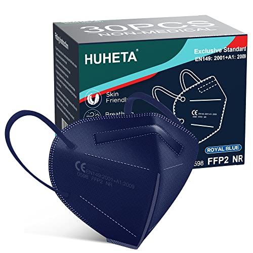 HUHETA Mascarillas FFP2 Azul, 30Unidades, Certificada CE EN149, 5 Capas Protectoras - Cómodas y Resistentes Con Clip Nasal - Envasadas Individualmente en Bolsa