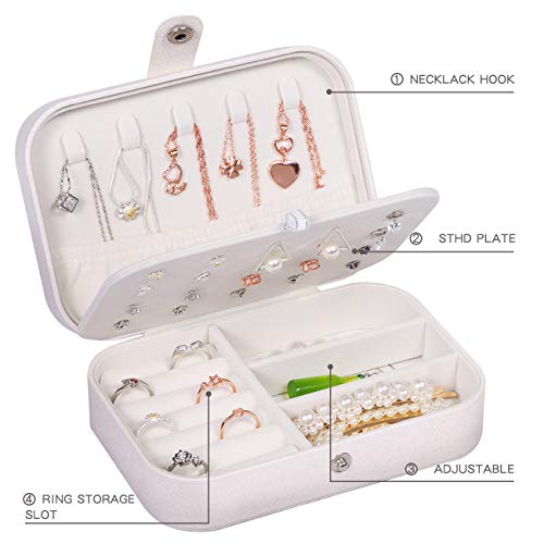 Huker Joyero Pequeña, Joyero portátil de Viaje para Mujer, Jewelry Organizer para Anillos Aretes Pendientes Pulseras y Collares, 16,5 x 11,5 x 5,5 cm (Blanco)