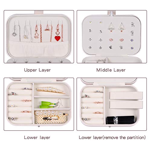 Huker Joyero Pequeña, Joyero portátil de Viaje para Mujer, Jewelry Organizer para Anillos Aretes Pendientes Pulseras y Collares, 16,5 x 11,5 x 5,5 cm (Blanco)