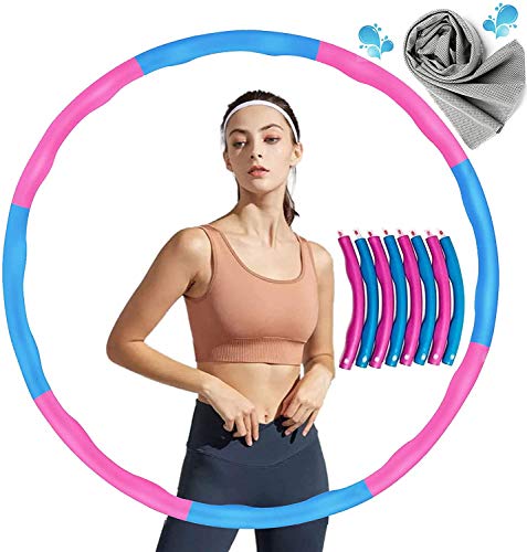 Hula Hoop, 8 Secciones Professional Hula Hoop Desmontable, Professional Hula Hoop Adultos Fitness, Diámetro Ajustable para Perder Peso, Gimnasio, Ejercicio con Diadema Deportiva (Rosa + Azul)