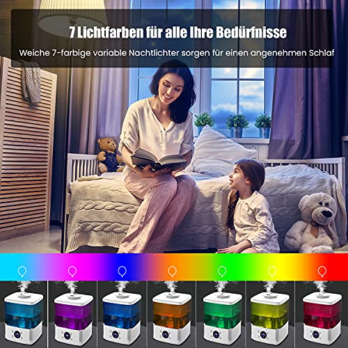 Humidificador de Aire 4.5L Humidificador Temporizador Silencioso, 7 Colores de Luces LED, Apagado Automático, Llenado Superior, Modo de Suspensión para Cuarto del Bebé Casa Salón Warmfunn