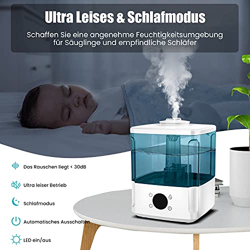 Humidificador de Aire 4.5L Humidificador Temporizador Silencioso, 7 Colores de Luces LED, Apagado Automático, Llenado Superior, Modo de Suspensión para Cuarto del Bebé Casa Salón Warmfunn