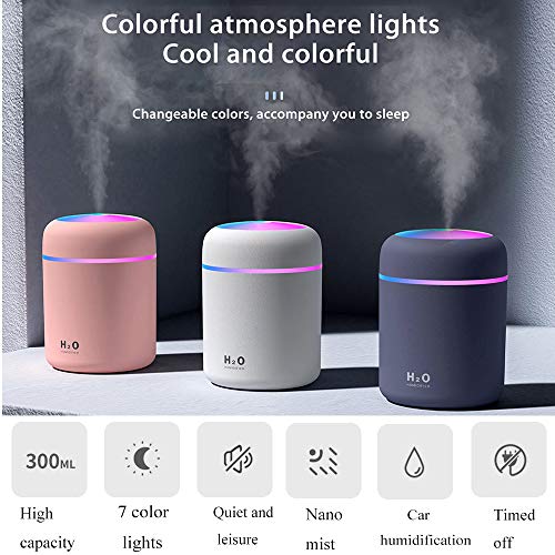Humidificador Mini Portátil, Humidificador Silencioso 300ml Niebla Ajustable Función Apagado Automático, alimentación USB Luz Nocturna LED de 7 colores, para Hogar, ODormitorio, la Oficina