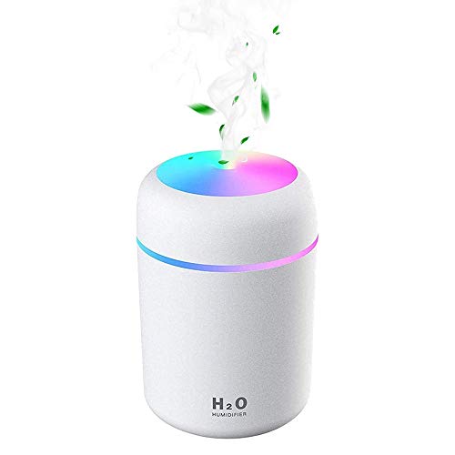 Humidificador Mini Portátil, Humidificador Silencioso 300ml Niebla Ajustable Función Apagado Automático, alimentación USB Luz Nocturna LED de 7 colores, para Hogar, ODormitorio, la Oficina