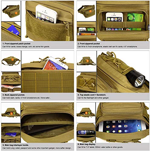 HUNTVP Bolsa de Riñonera Mochila de Bandolera 2 Vías de Llevar Estilo Militar Táctical Bolsa de Múltiple Función Impermeable para Aire Libre Correr Senderismo Ciclismo Camping, Camuflaje-M