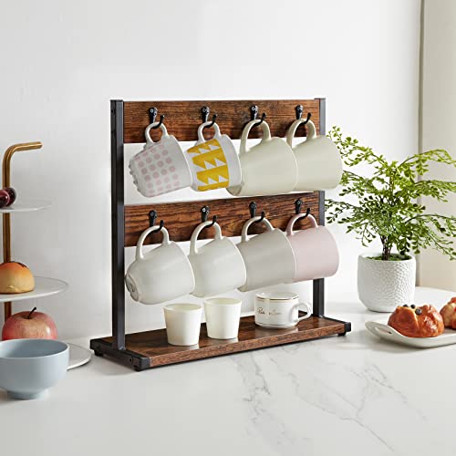 IBUYKE Tazas Soportes Portavasos de Vintage con 16 Ganchos y Estante de Almacenamiento Estante Organizador de Exhibición de Tazas de Café, Marrón Rústico TBJ001H