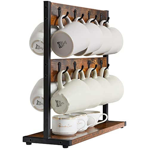 IBUYKE Tazas Soportes Portavasos de Vintage con 16 Ganchos y Estante de Almacenamiento Estante Organizador de Exhibición de Tazas de Café, Marrón Rústico TBJ001H