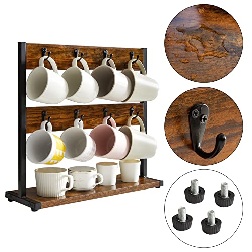 IBUYKE Tazas Soportes Portavasos de Vintage con 16 Ganchos y Estante de Almacenamiento Estante Organizador de Exhibición de Tazas de Café, Marrón Rústico TBJ001H