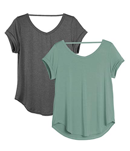 icyzone Camiseta de Yoga Deportiva de Suelta Transpirable de Manga Corta de Espalda Abierta para Mujer,Pack de 2 -XL-