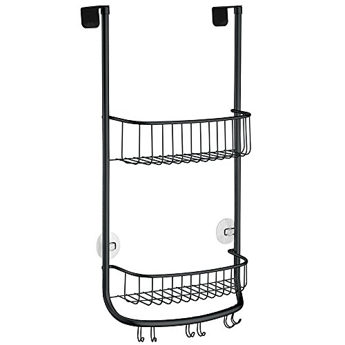iDesign Organizador de ducha para colgar, pequeña estantería colgante de metal con 2 baldas y 3 ganchos dobles, cesta de ducha para la cabina de ducha, negro
