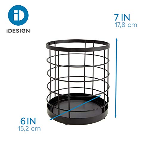 iDesign Porta utensilios de cocina para la encimera, portacubiertos redondo de metal con diseño de rejilla, escurre cubiertos de cocina, negro mate