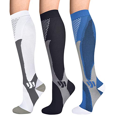 Ikfashoni Medias de compresión para hombre y mujer, 3 pares, 15 – 25 mmHg, deportivas, de compresión, muy cómodas, para deportes, correr, vuelos, ciclismo, multicolor, S-M