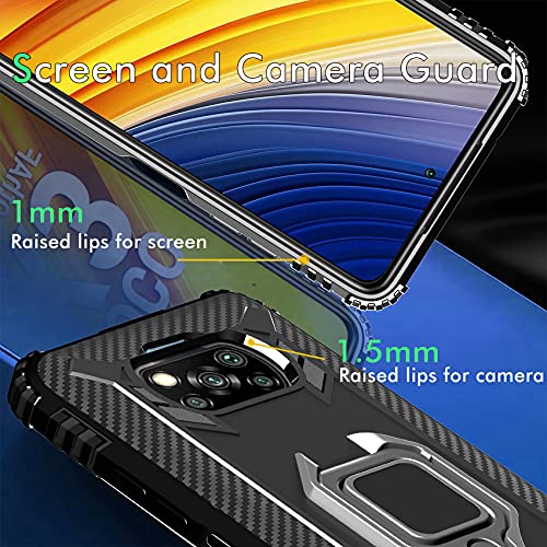 IMBZBK Funda para Xiaomi Poco X3 Pro/Poco X3 NFC + 2 Pack Protector Pantalla Cristal Templado, [Soporte Giratorio de 360 Grados con Anillo de Dedo][Grado Militar Anti-Golpe] TPU Silicona