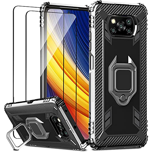 IMBZBK Funda para Xiaomi Poco X3 Pro/Poco X3 NFC + 2 Pack Protector Pantalla Cristal Templado, [Soporte Giratorio de 360 Grados con Anillo de Dedo][Grado Militar Anti-Golpe] TPU Silicona
