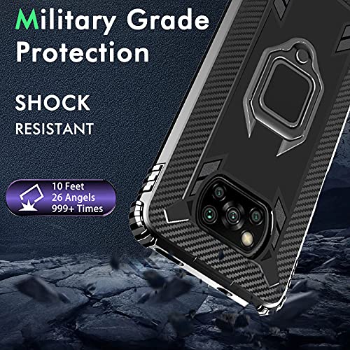 IMBZBK Funda para Xiaomi Poco X3 Pro/Poco X3 NFC + 2 Pack Protector Pantalla Cristal Templado, [Soporte Giratorio de 360 Grados con Anillo de Dedo][Grado Militar Anti-Golpe] TPU Silicona
