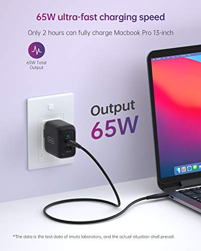 imuto Cargador USB C 65W, GAN Tech USB C Doble Cargador Tipo C PD 3.0 Rápido Soporta QC 3.0 para iPad Pro 2021, para iPhone 12/XS/MAX/X/ 8, Samsung, Huawei, MacBook Air, Galaxy, Laptop, Tablet