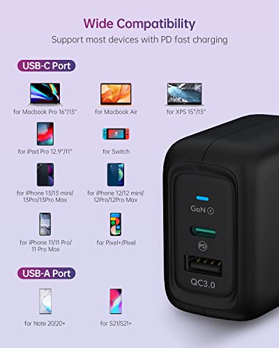 imuto Cargador USB C 65W, GAN Tech USB C Doble Cargador Tipo C PD 3.0 Rápido Soporta QC 3.0 para iPad Pro 2021, para iPhone 12/XS/MAX/X/ 8, Samsung, Huawei, MacBook Air, Galaxy, Laptop, Tablet