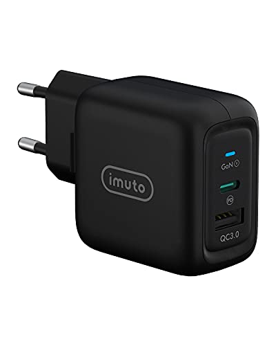 imuto Cargador USB C 65W, GAN Tech USB C Doble Cargador Tipo C PD 3.0 Rápido Soporta QC 3.0 para iPad Pro 2021, para iPhone 12/XS/MAX/X/ 8, Samsung, Huawei, MacBook Air, Galaxy, Laptop, Tablet