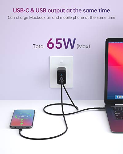 imuto Cargador USB C 65W, GAN Tech USB C Doble Cargador Tipo C PD 3.0 Rápido Soporta QC 3.0 para iPad Pro 2021, para iPhone 12/XS/MAX/X/ 8, Samsung, Huawei, MacBook Air, Galaxy, Laptop, Tablet