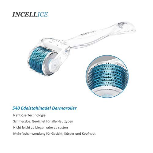 Incellice Dermaroller 1.0 mm Derma Roller 1mm Rodillo de microagujas 540 Agujas Titaniomicroneedling roller para arrugas Estiramiento Acné Cicatriz Cabello Barba Crecimiento Cara y cuerpo CE 1pcs