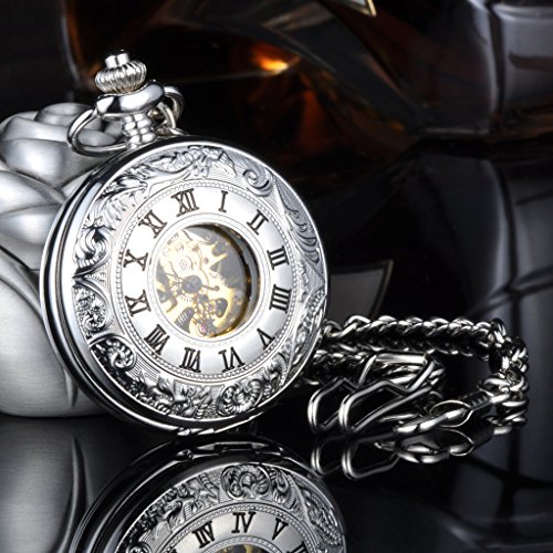 Infinite U Esqueleto Números Romanos Acero Grande Dobles Tapas Reloj de Bolsillo Mecánico Collar Plateado